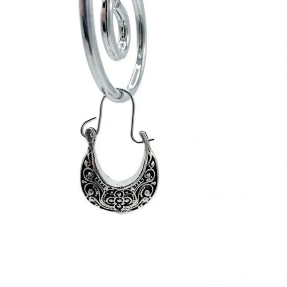 Boho festival vintage style silver tone filigree hoops - Picture 3 of 6